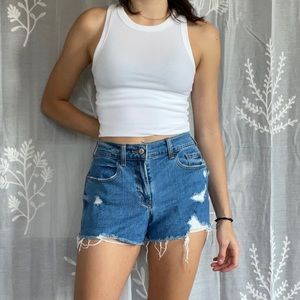 Distressed boyfriend fit dark wash jean shorts